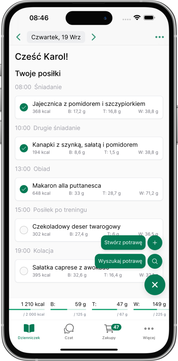 Ekran aplikacji Dzienniczek z posiłkami na czwartek. Wyświetla pięć posiłków, w tym Jajecznicę, Kanapki i Makaron, z podaną kalorycznością oraz przyciskiem do dodania lub wyszukania potrawy.