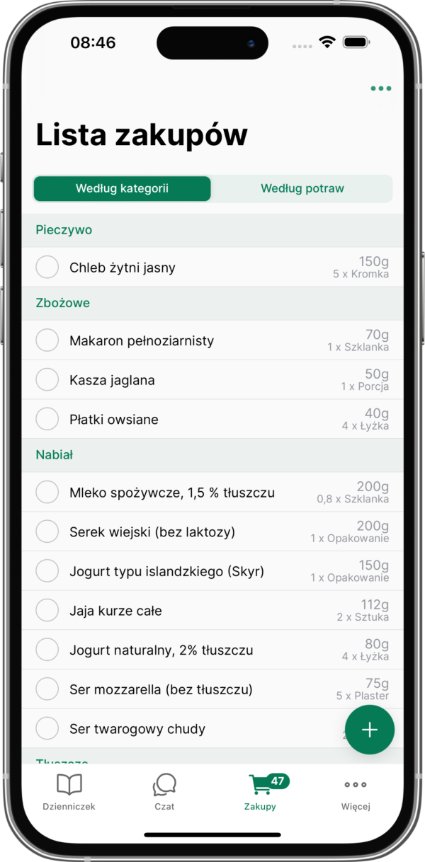 Ekran aplikacji Lista zakupów. Pokazuje listę produktów z podziałem na kategorie (Pieczywo, Zbożowe, Nabiał), w tym chleb żytni, makaron, kaszę, mleko i serek wiejski, z możliwością odznaczenia zakupów.